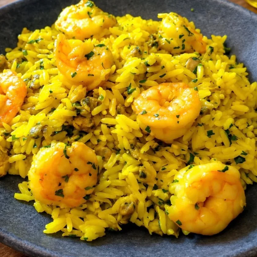 Arroz amarelo com vôngoles e camarões grelhados em prato fundo