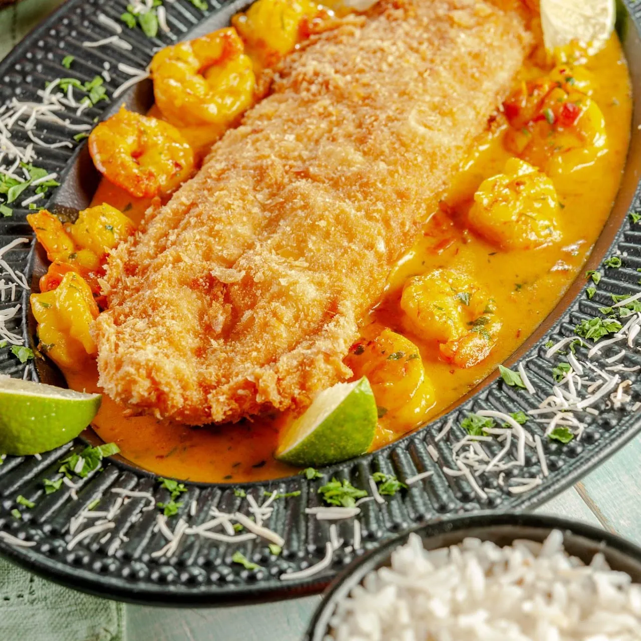 Filé de linguado empanado com camarões ao molho de leite de coco, fatias de limão e arroz branco