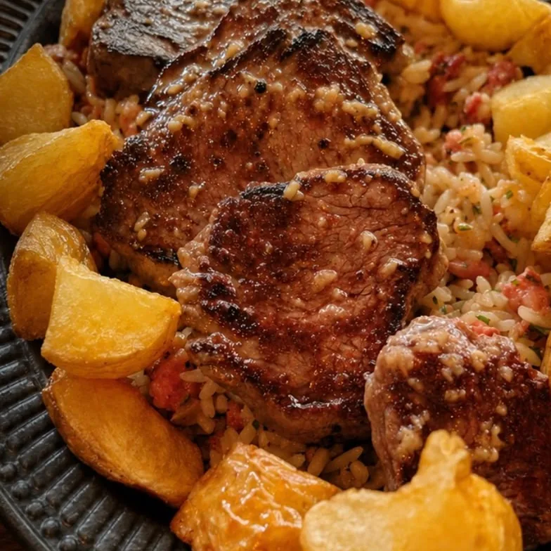 Medalhões de mignon sobre arroz de linguiça toscana com batatas coradas